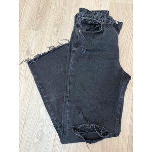 Zara Womens Distressed Black Straight-Leg Jeans Size 12 With Raw Hem
